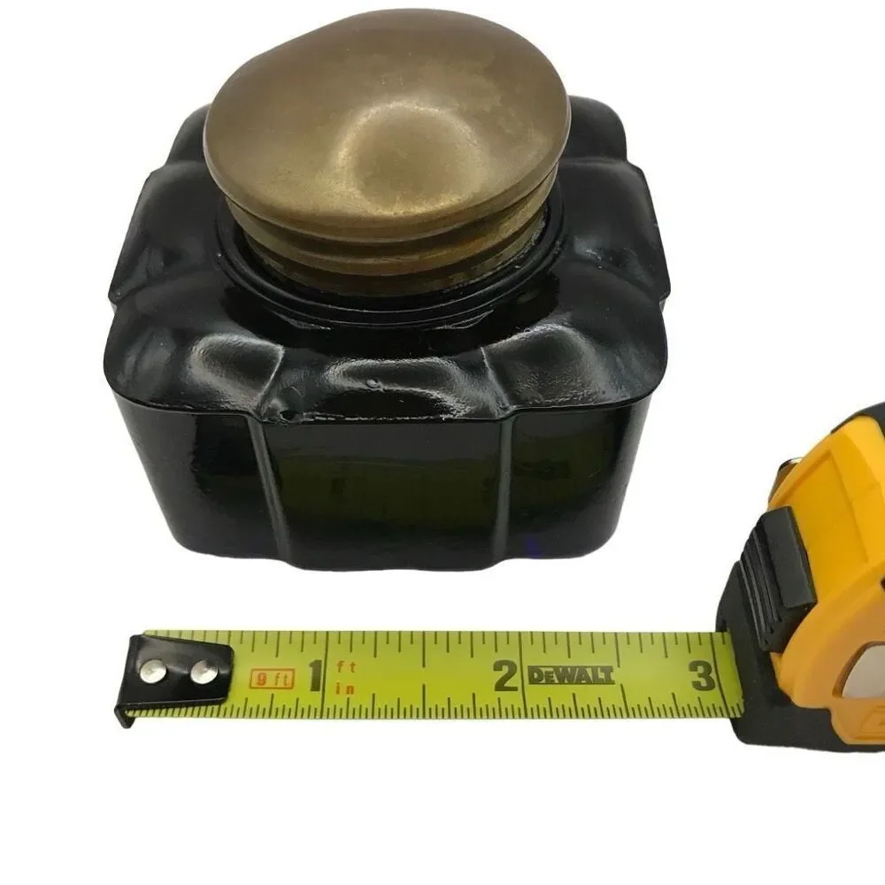 Antique Cobalt Glass Inkwell Square With Brass Hinged‎ Lid
